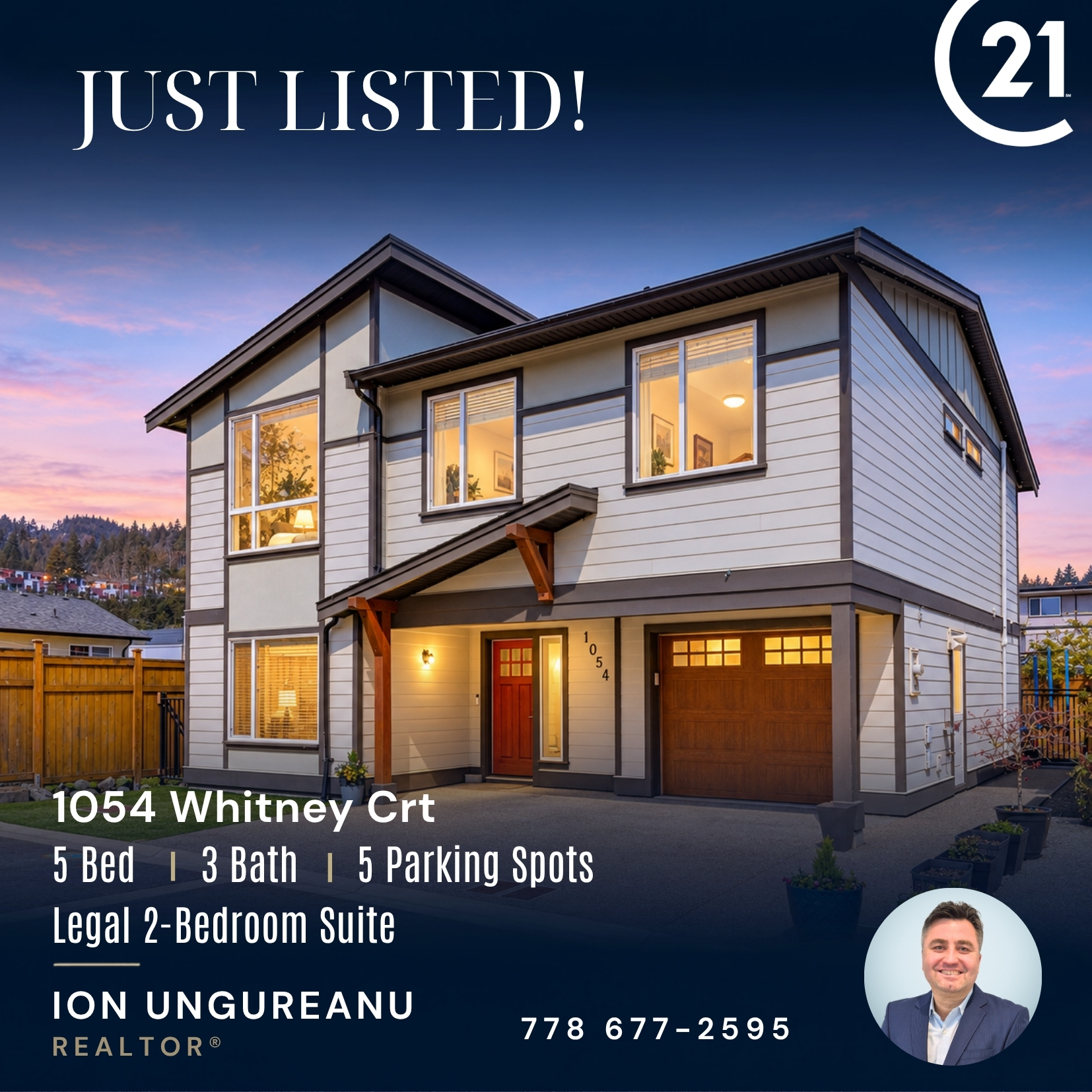 Just Listed social media graphic created to market a five-bedroom home at 1054 Whitney Court in Langford, BC.